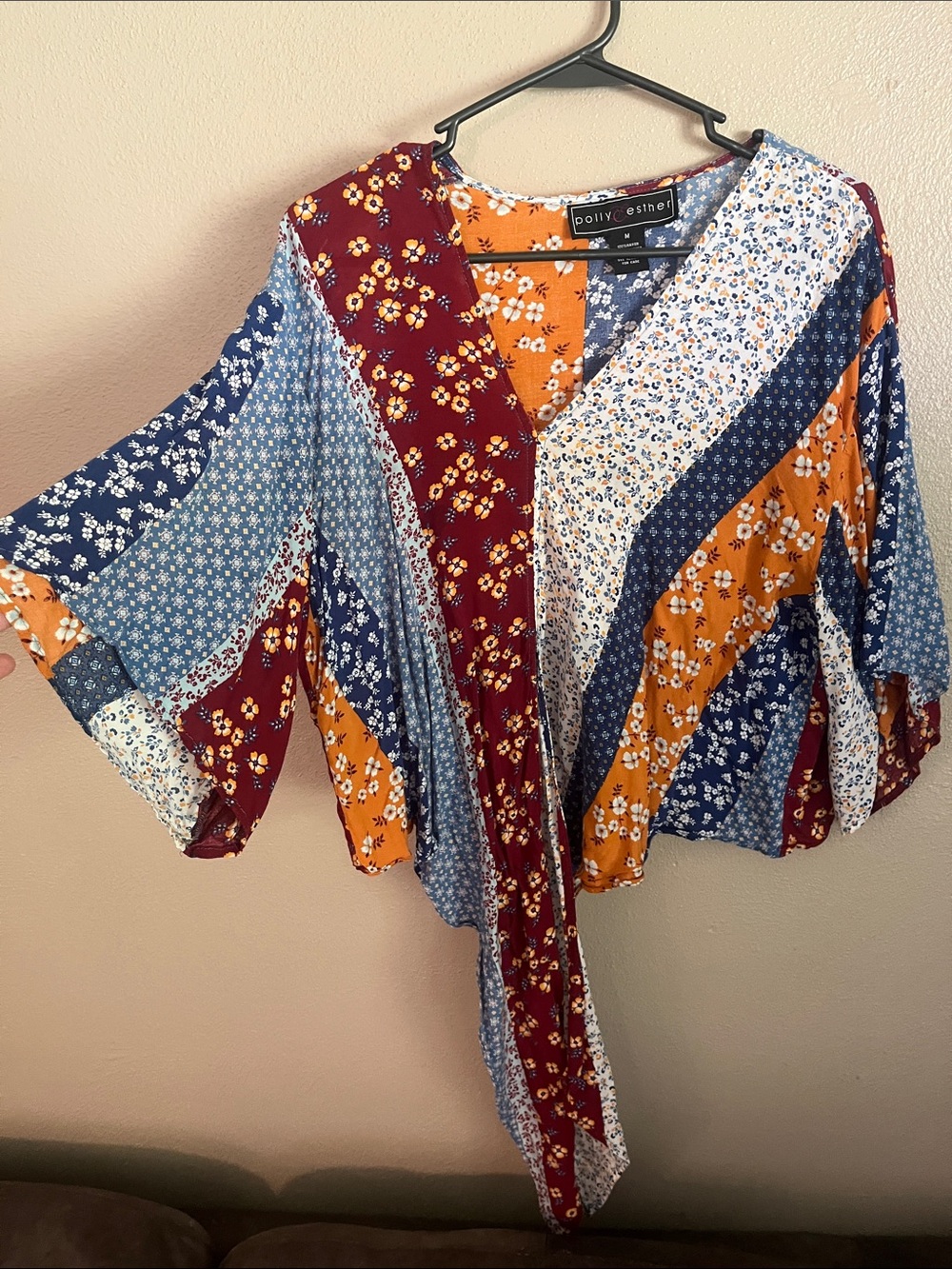 Polly & Esther Mixed Floral Patchwork Wrap Blouse in Blue, Burgundy & Mustard